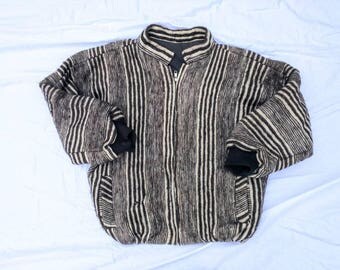 Alpaca coat sweater 80's Native Indian ethnic stripes natural brown cream lined S/M pockets oversized dolman sleeve thick warm soft cropped