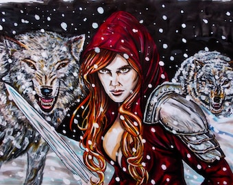 illustration on the theme of little Red Riding Hood