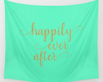 Happily Ever After Banner Wall Hanging, Wall Tapestry Quote, Wedding Sayings On Fabric, Navy Wall Decor, Gold Wedding Decor
