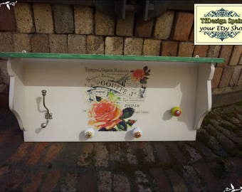 Hanger, Vintage white/green hanger, Wall Hanger, Wooden hanger, Enryway furniture, Hanger 71 cm, Hanger with shelf, Entrance white furniture
