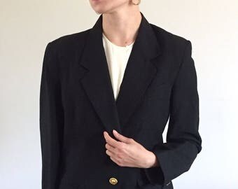 Vintage 90s Minimal Black Linen Relaxed Fit Menswear Blazer Gold Buttons | M 6/8