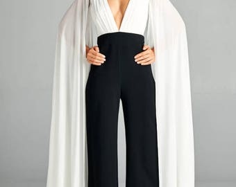 Women's Color Block Deep V Neck Chiffon Sleeve Jumpsuit/Bridal Jumpsuit/Bridesmaid Jumpsuit/Party Jumpsuit/Plus Size