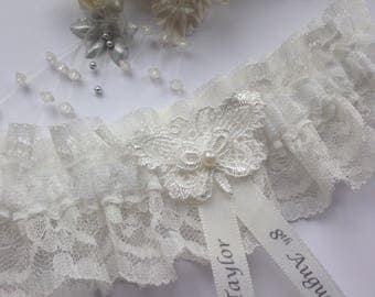 Personalised Wedding Garter, Ivory, butterfly design, available in S/M & Plus size / Large
