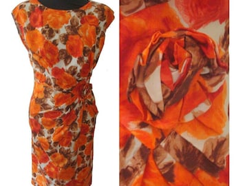 Orange Rose Print Wiggle Dress with Fabric Rose Detail • Vintage 1950s • Size 36 / UK8