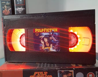 Retro VHS Pulp Fiction Night Light Table Lamp, Horror Movie . Order any movie! Great personal gift. Man Cave.