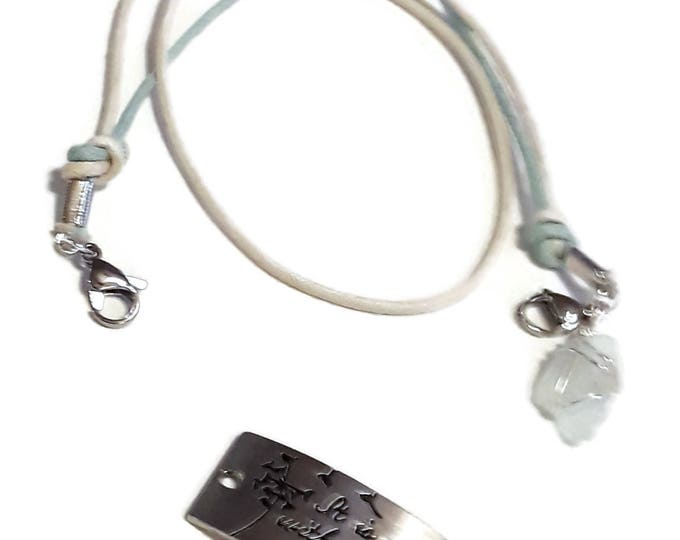 Strappy bracelet - It is Well with My Soul - Medallion - White beach glass charm with Aqua and Cream Cords and lobster claw closures
