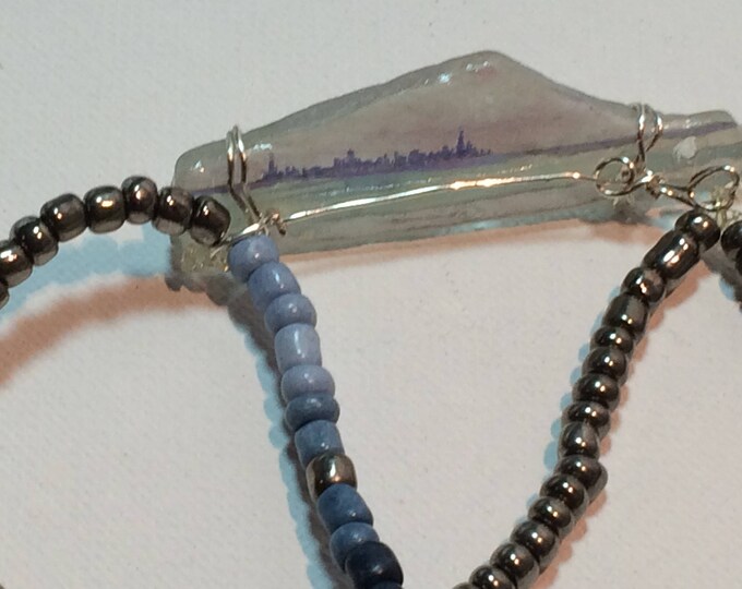 Cool Beach Glass and bead bracelet - Wire Wrap Beach Scene Beach Glass -Lake Michigan - Chicago Skyline - stretchy
