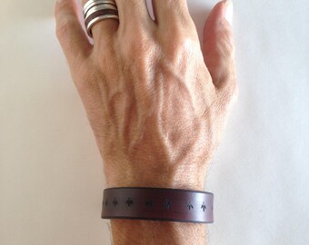 Mahogany Hand Dyed Leather Cuff with Pyrography-Floral motif