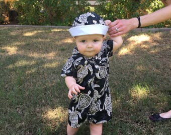 Baby Boy Hawaiian Aloha Romper and matching reversible Hat - Shower Gift Onesie Infant Toddler Summer Tropical Shirt outfit - Custom