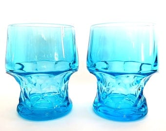 Vintage Fenton Georgian Aqua Blue Tumblers | Juice Glasses Honeycomb Stem #1611 Stackable Turquoise Glass