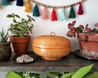 Vintage Rattan/Bamboo Lidded Storage Basket, Boho, Trinket Basket, Basket with Lid, Wicker