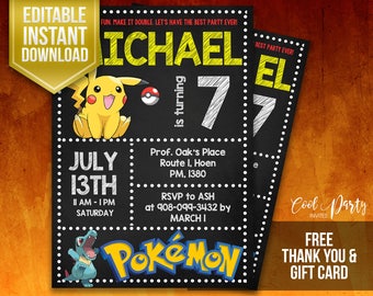 Pokemon Invitation, Pokemon Birthday Invitation, Pokemon instant download, Pokemon invite, Pokemon editable, Pokemon Printable, Pokemon