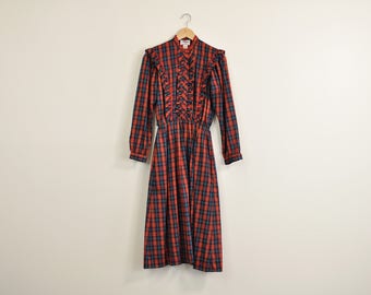 Plaid Prairie Dress, Vintage 1980s Dress, Romantic Ruffle Dress, Puff Sleeve Dress, 80s Midi Dress, Casual Fall Dress, Long Sleeve Dress