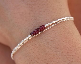 Ruby Bracelet-Sterling Silver Bracelet-Beaded Bracelet-July BirthStone-Double strand- Genuine Ruby Beaded Bracelet-Chain Bracelet-AAA Ruby