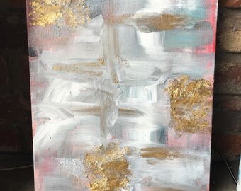 Abstract painting with gold leafing pink and blue