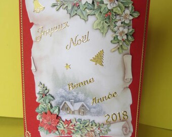 Card 3D (relief) Poinsettias, Holly and stickers gold Merry Christmas & happy new year