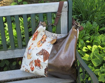 Glitter Vinyl Handbag, Horse Tote, Handmade Cotton CanvasTote Bag, Equestrian Theme Hobo Bag by DarkHorsesDesigns