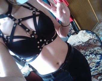 Gothic women chest O ring studded strap garterbelt sexy bondage belt sexy lingerie bra black harness, top cag