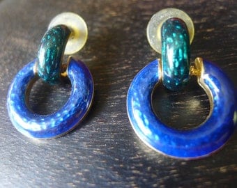 French Vintage 70 Blue & Green Enamel earrings