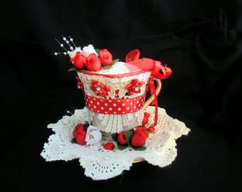 Tea Cup and saucers pin cushion, pin cushions, shabby chic, refurbished shabby chic