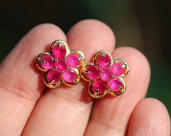 Gold Tone 3.5mm Round Cut Red Ruby Floral Stud Earrings