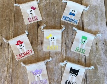 Personalized Fun Charactor Themed Tooth Fairy Bags, Bow Tie, Princess Crown, Carnival Mask, Priate Hat, Top Hat and Glasses, Batman Mask