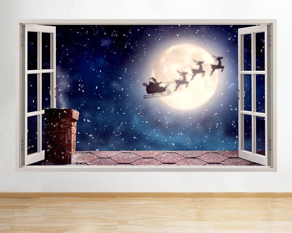 C724 Santa Sleigh Reindeer Night Window Wall Decal 3D Art