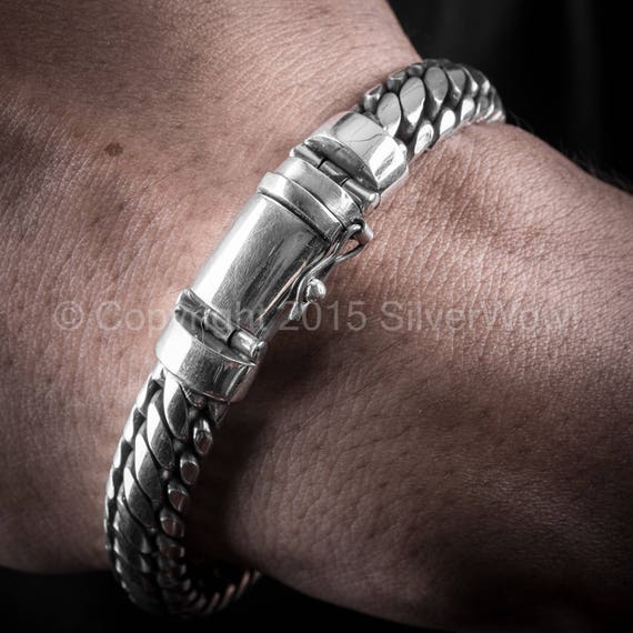 Woven Snake Mens Bracelet 10mm SOLID 925 Sterling Silver.