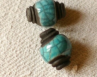 Set of 2 blue-green raku ceramic beads