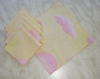 Set of 6 reusable cloth handkerchiefs, sand yellow and pink clouds