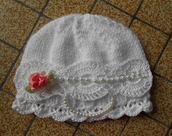 Baby bonnet white lace crochet white wool.; baptism