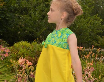 Children's dress yellow and green sleeveless (with matching purse)
