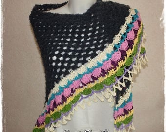 Crochet shawl, shawl, gray and multicolor.