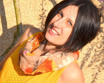 Woman Snood scarf tube, viscose scarf beige orange and Brown