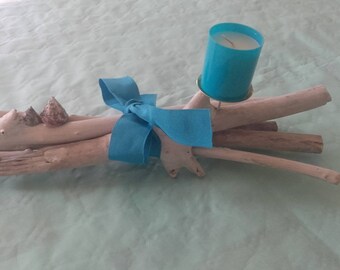 White stained Driftwood candle holder and its turqoise candle