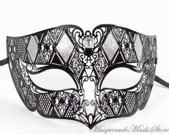Black & Silver Metal Male Masquerade Mask, Costume Mask for Men, Masquerade Ball Laser Cut Men's Mask, Filigree Carnival Masquerade Mask
