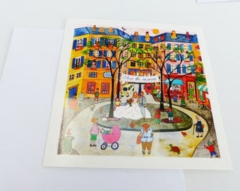 carte Vive les mariés mariage place du village carte carré avec enveloppe
