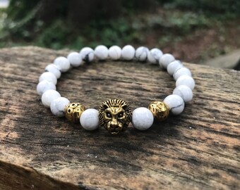 VKTR Men's Bracelet- 8mm Howlite Stone with Gold Lion Center, Beaded Bracelet