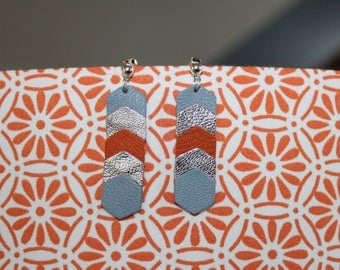 Earrings leather genuine Hexagon orange rust/blue/silver grey (pierced)