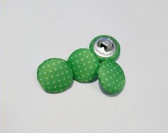 Lot 4 buttons green polka dot, metal and fabric 15 mm