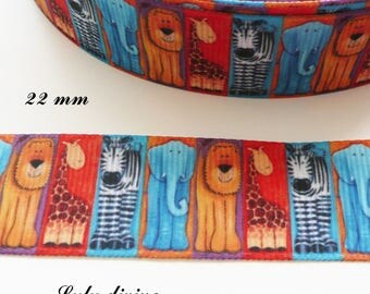 Ribbon grosgrain MOZAIC: Lion giraffe Zebra Elephant 22 mm sold by 50 cm