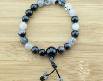 Tourmilated Quartz Crystal Buddhist Mala Bracelet with Black Onyx | 8mm | Yoga Jewelry | Meditation Bracelet | Wrist Mala | Free Shipping