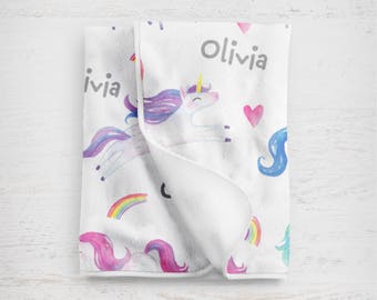 Unicorn Blanket Personalized Baby Name Blanket, Unicorns Watercolor Print Pink Purple, Monogrammed Unicorn Blanket, Toddler Snuggle Blanket