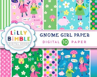 40% off Cute Gnome Girl Digital Paper, Elves, Fairies, BIrthday Party, Mushroom House, Flower, Instant Download