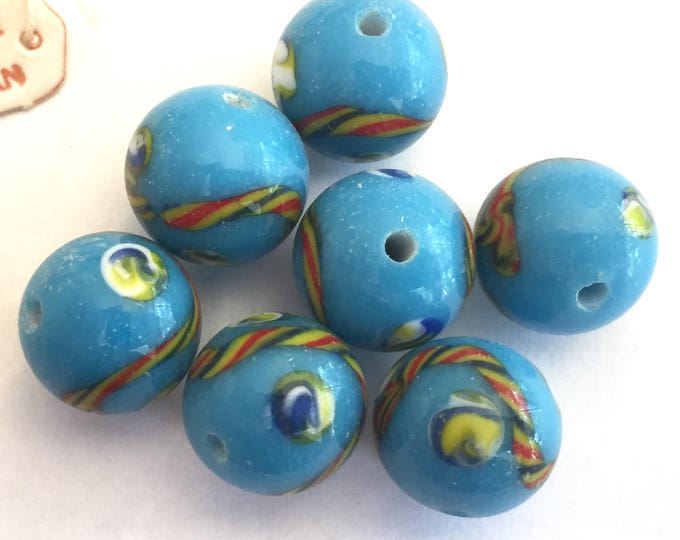 SALE 30% off Vintage large beads (6) 12mm Japanese glass lampwork turquoise blue handmade rounds 12mm (6)