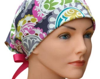 Surgical Scrub Hat Chemo Cap- The Mini- Boho with FUCHSIA RIBBON TIES