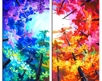 Original Landscape painting Forest skyline Art multi colors on gallery wrap canvas Ready to hang by tim Lam 48x48