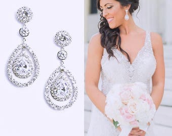 Silver Bridal Earrings Wedding Earrings Diamante Teardrop Cocktail Earrings