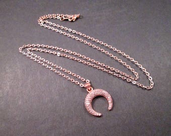 Horn or Crescent Moon Necklace, White Crystal Rhinestone Pave Pendant, Rose Gold Chain Necklace, FREE Shipping
