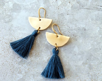 Chandelier Tassel Earrings, Montana Blue Tassel and Brass Crescent
